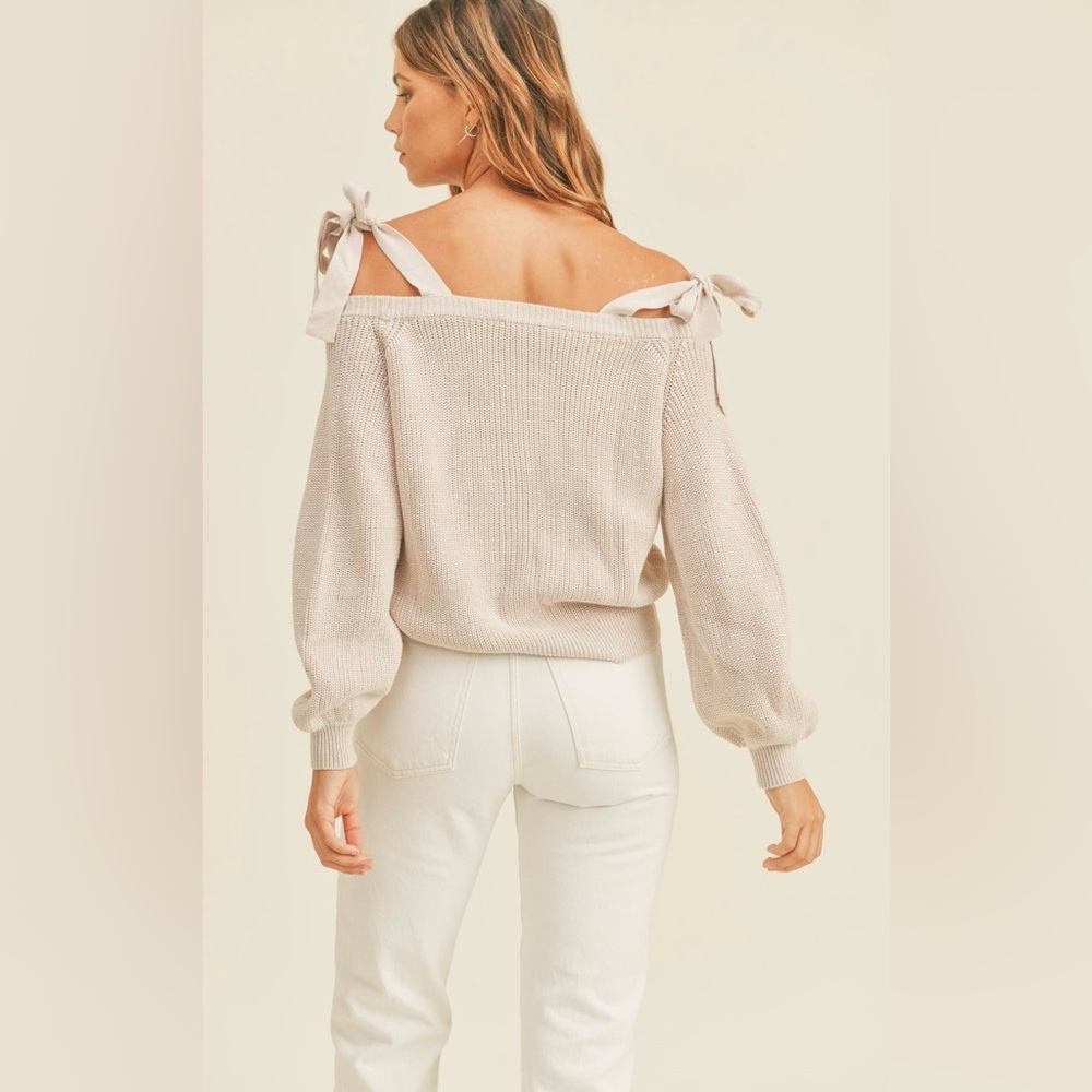 MABLE Off Shoulder Self Tie Strap Button Down Sweater - Size Small - Picture 2 of 10